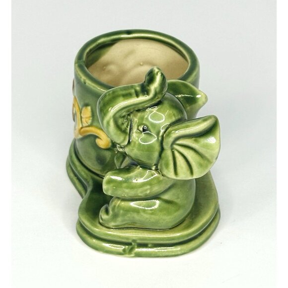 Vintage Baby Elephant Planter Small Trunk Up Ceramic Green Pink Yellow 4x3x4” - Picture 2 of 10